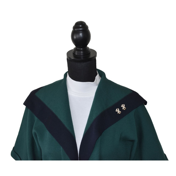 C0 Auth ESCADA Green Navy Trim Wool Knit Open Front Short Sleeve Jacket Size 44 - Picture 4 of 11